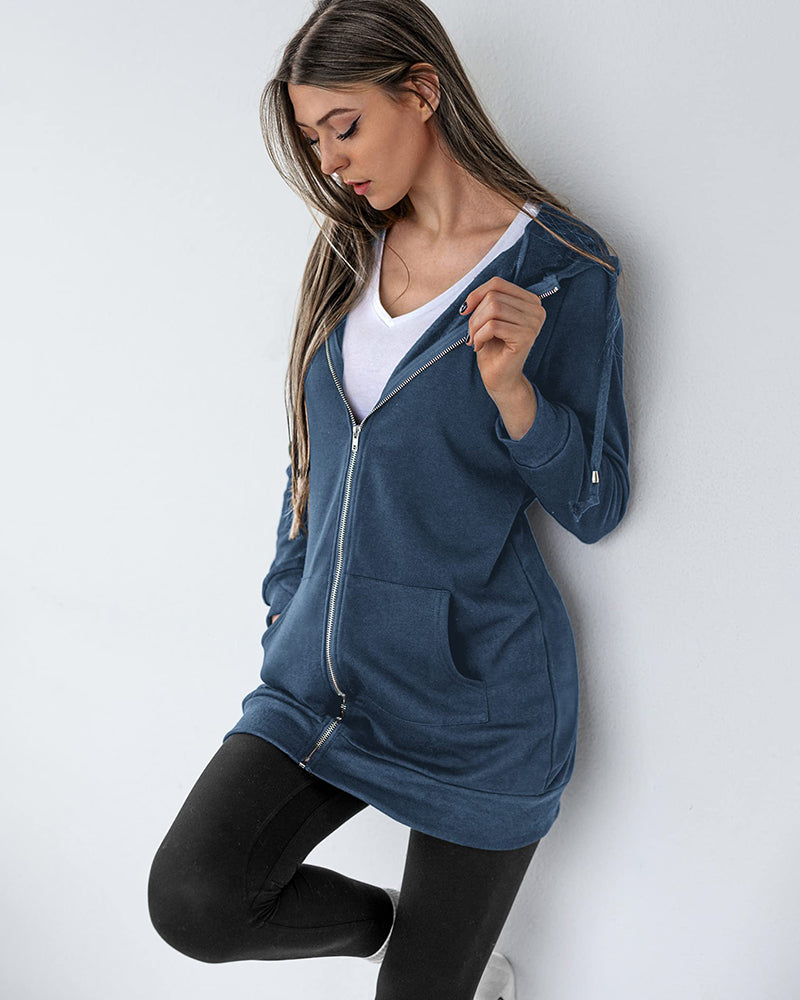 Women Zip Up Hoodies Long Fleece Jacket Lightweight Tunic Hooded Sweatshirt Oversize Winter Coat With Pockets - Zeagoo (Us Only)