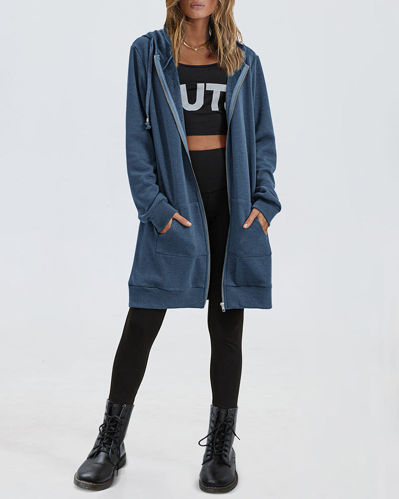 Women Zip Up Hoodies Long Fleece Jacket Lightweight Tunic Hooded Sweatshirt Oversize Winter Coat With Pockets - Zeagoo (Us Only)