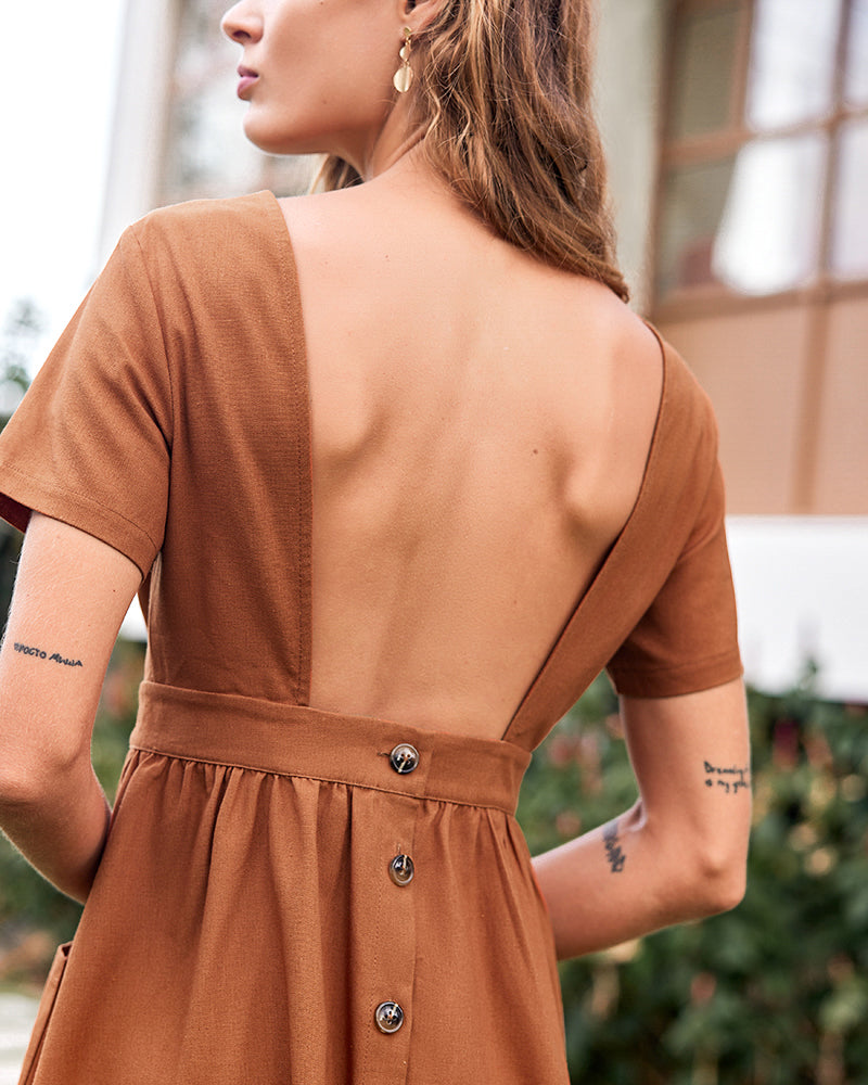 Open Back Short Sleeve Button Midi Dress