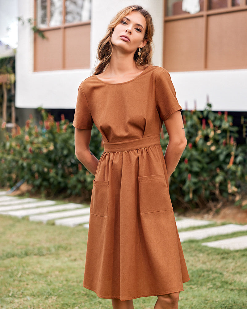 Open Back Short Sleeve Button Midi Dress