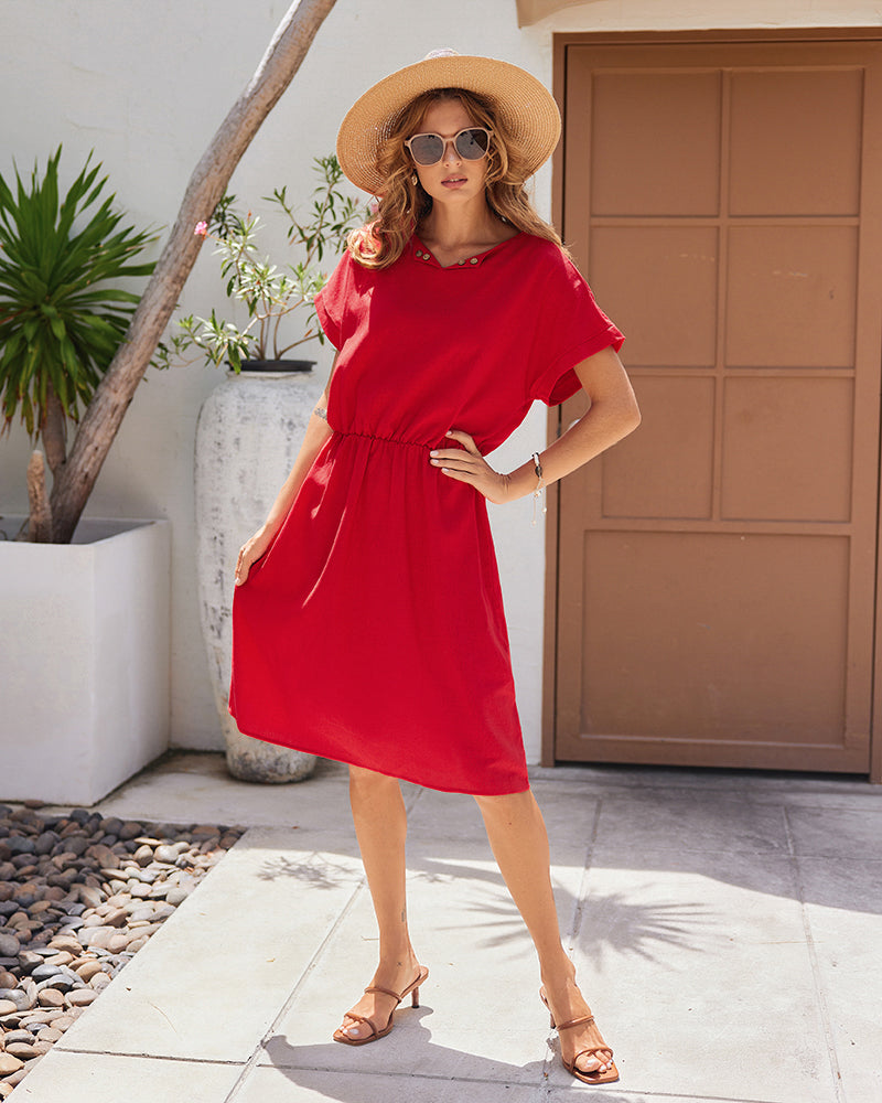 Solid Color Short Sleeve Splicing Plain Color Mid Dress