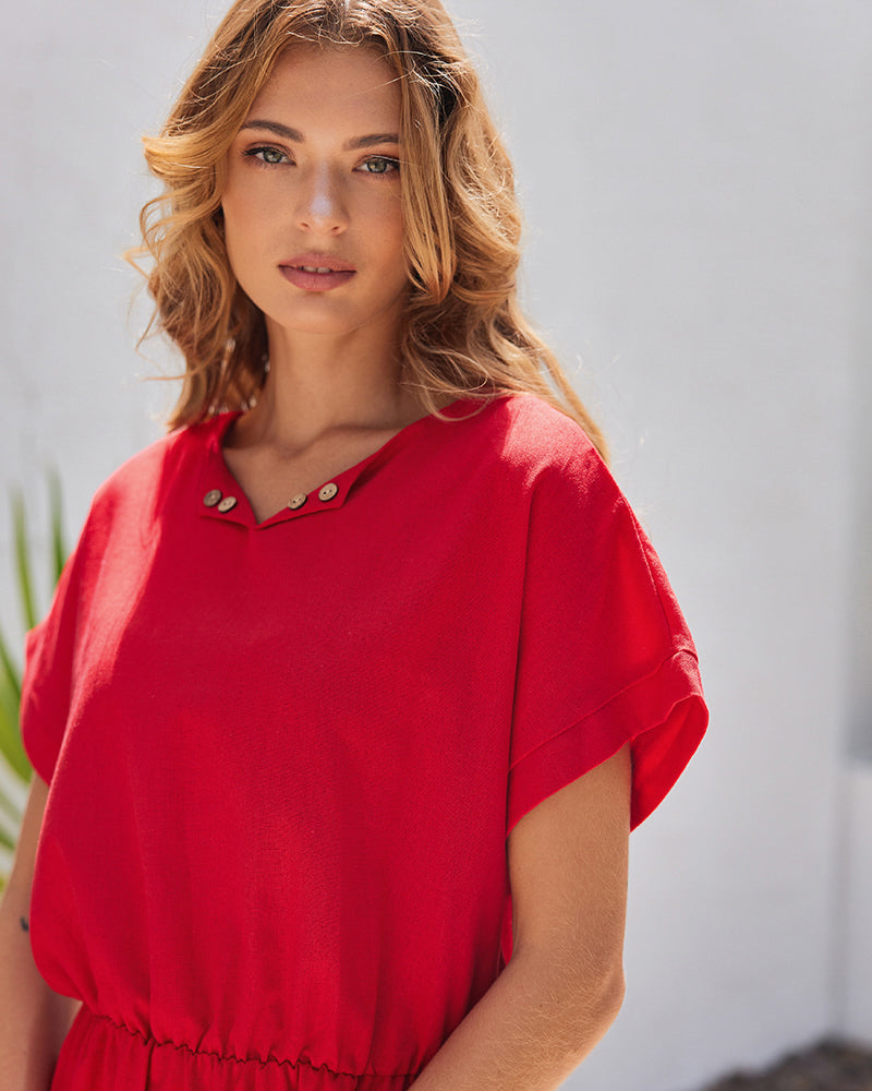 Solid Color Short Sleeve Splicing Plain Color Mid Dress