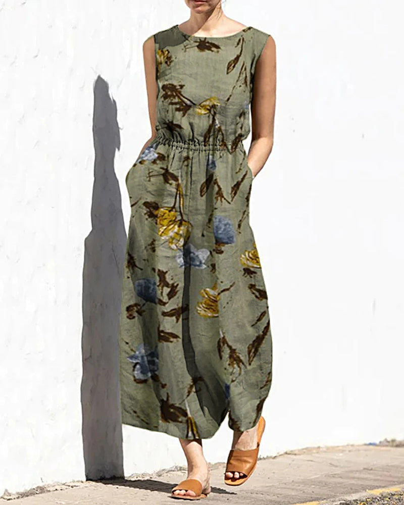 Butterflies Printed Elastic Waist Playsuit Plain Sleeveless Wide Leg Long Jumpsuit