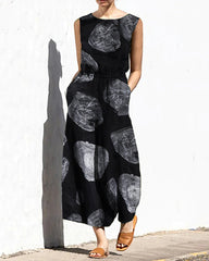 Butterflies Printed Elastic Waist Playsuit Plain Sleeveless Wide Leg Long Jumpsuit