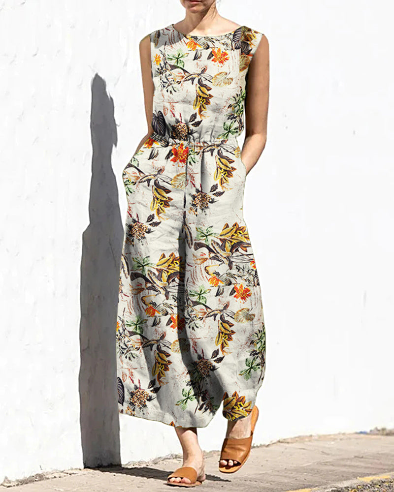 Butterflies Printed Elastic Waist Playsuit Plain Sleeveless Wide Leg Long Jumpsuit