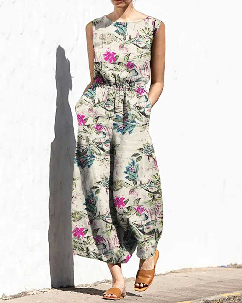 Butterflies Printed Elastic Waist Playsuit Plain Sleeveless Wide Leg Long Jumpsuit