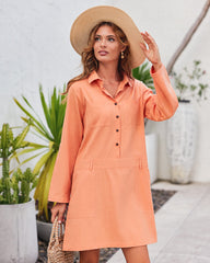 Casual Lapel Pocket Long Sleeve Solid Color Cotton Linen Midi Dress