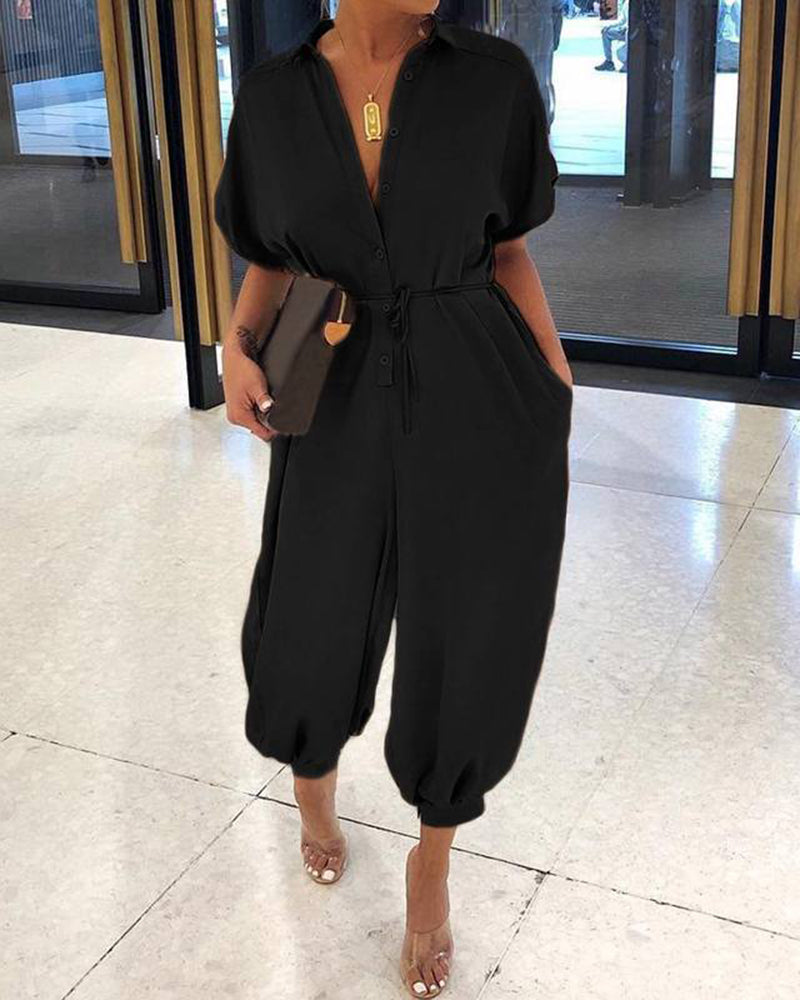 Solid Color Lapel Slim Long Single-Breasted Rompers Short Sleeve Jumpsuits