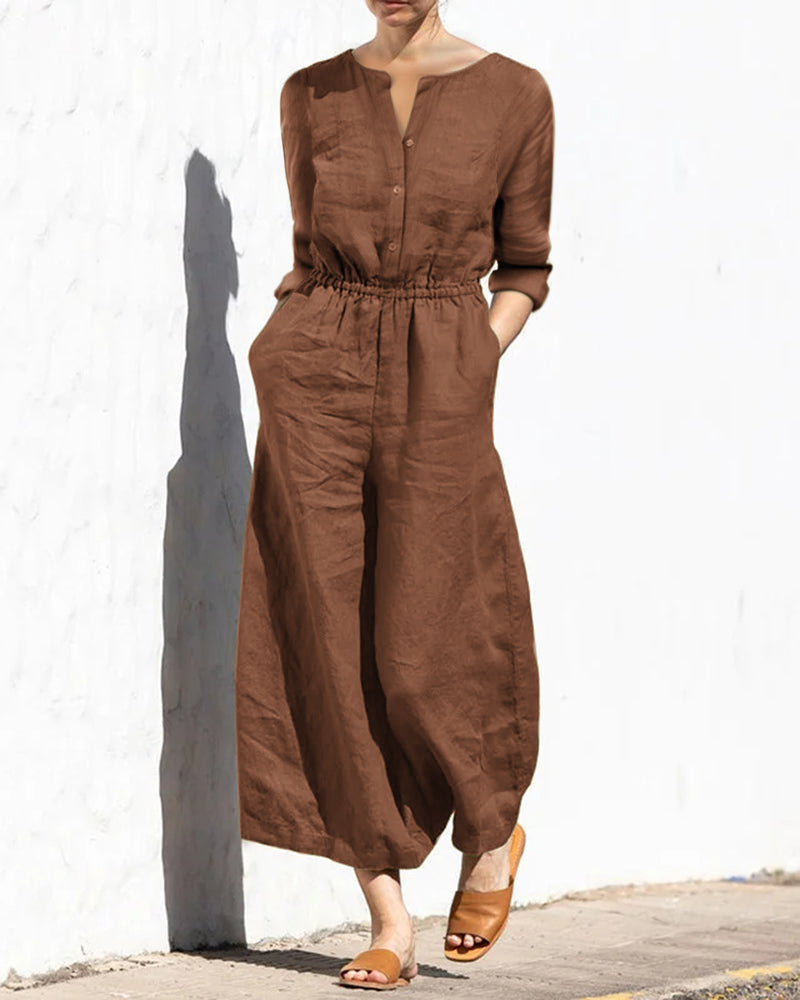 Solid Color Elastic Waist Long Sleeve Wide Leg Long Jumpsuit