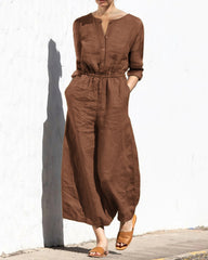 Solid Color Elastic Waist Long Sleeve Wide Leg Long Jumpsuit