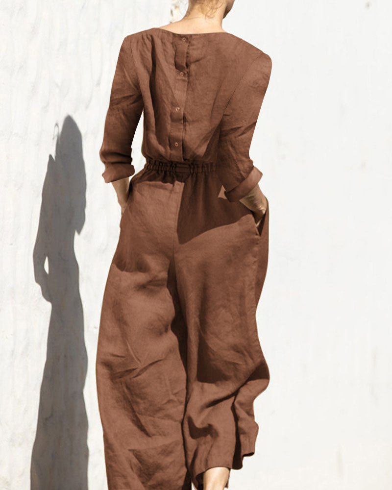 Solid Color Elastic Waist Long Sleeve Wide Leg Long Jumpsuit