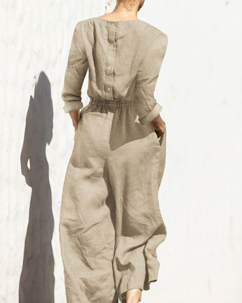 Solid Color Elastic Waist Long Sleeve Wide Leg Long Jumpsuit