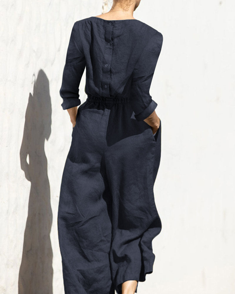 Solid Color Elastic Waist Long Sleeve Wide Leg Long Jumpsuit