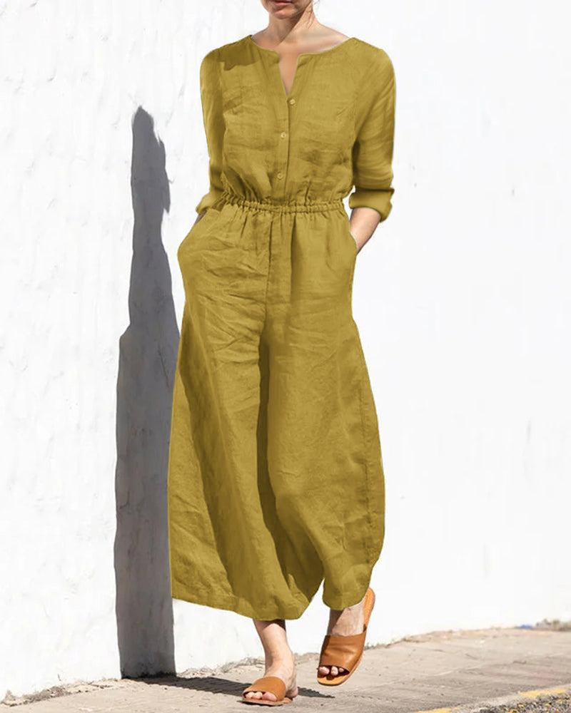 Solid Color Elastic Waist Long Sleeve Wide Leg Long Jumpsuit