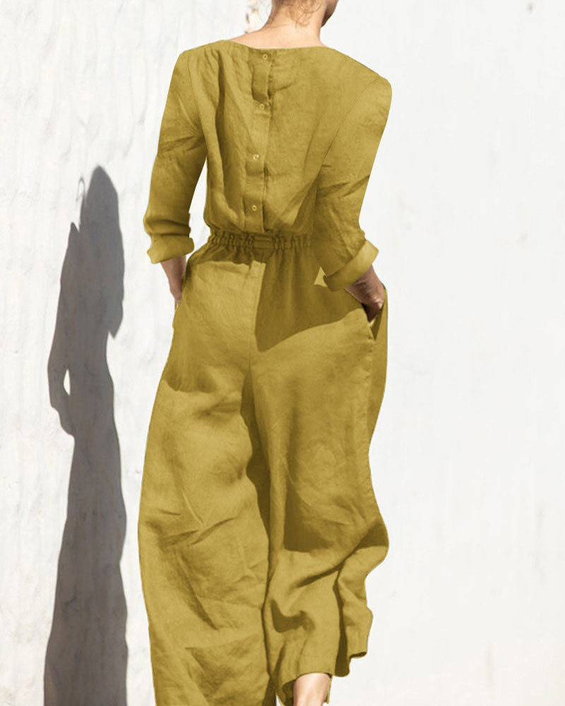 Solid Color Elastic Waist Long Sleeve Wide Leg Long Jumpsuit