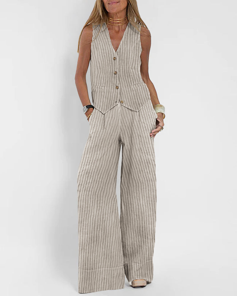 Chic Stripes Sleeveless Vest And Wide Leg Pants Set