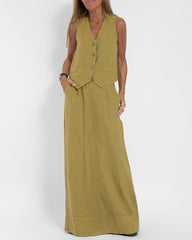 Effortlessly Chic Solid Color Sleeveless Vest And Long Skirts with Pockets Set