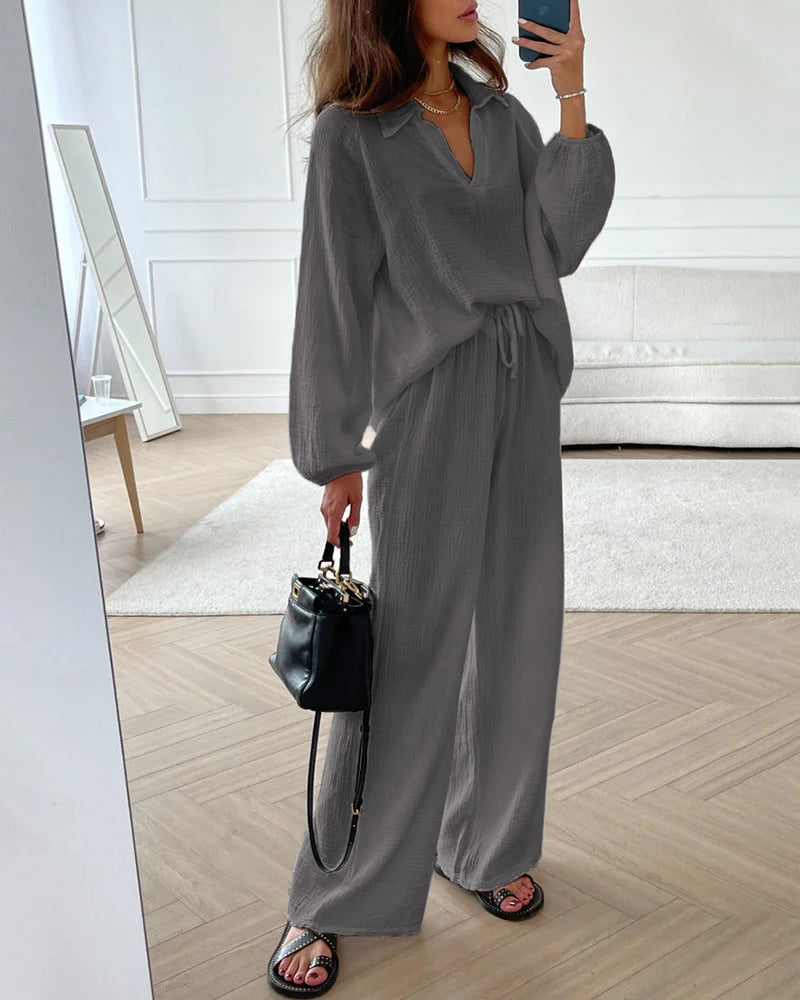 Simple V-Neck Casual Two-piece Set