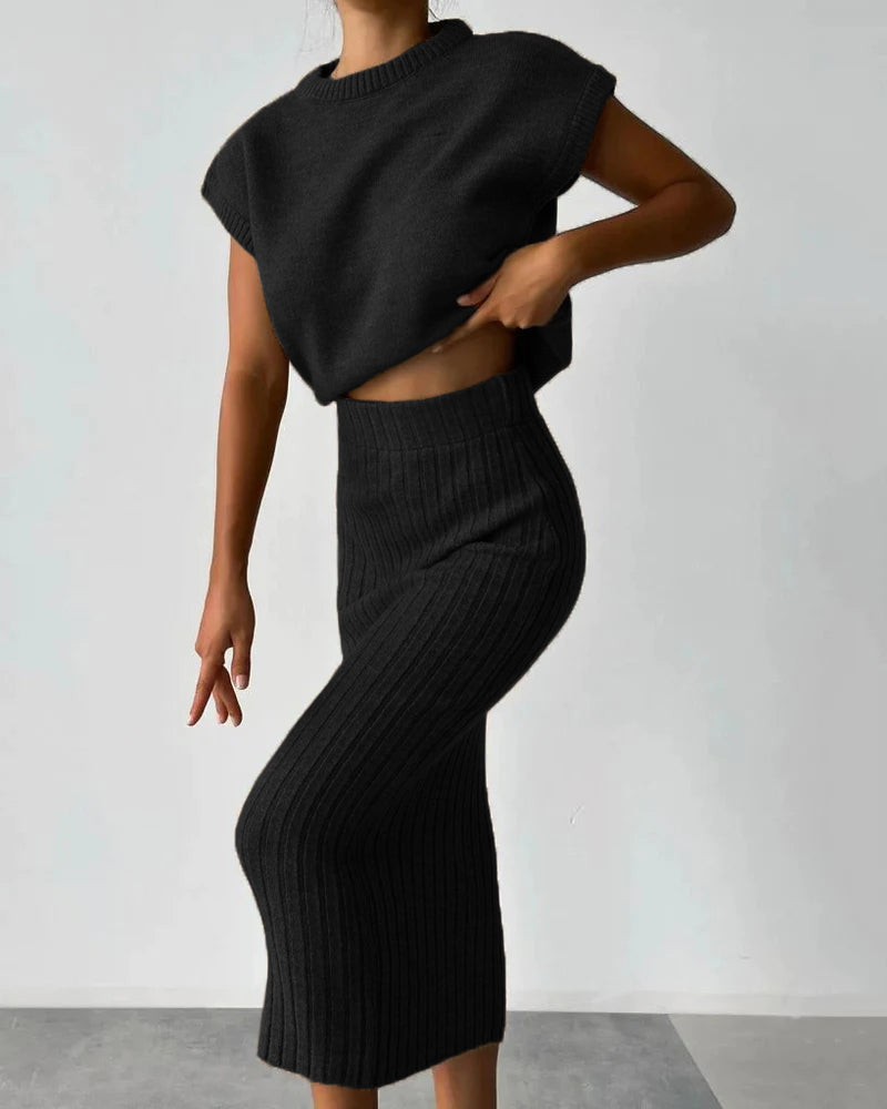 Sleeveless Vest + Knitted Skirt Two-piece Set