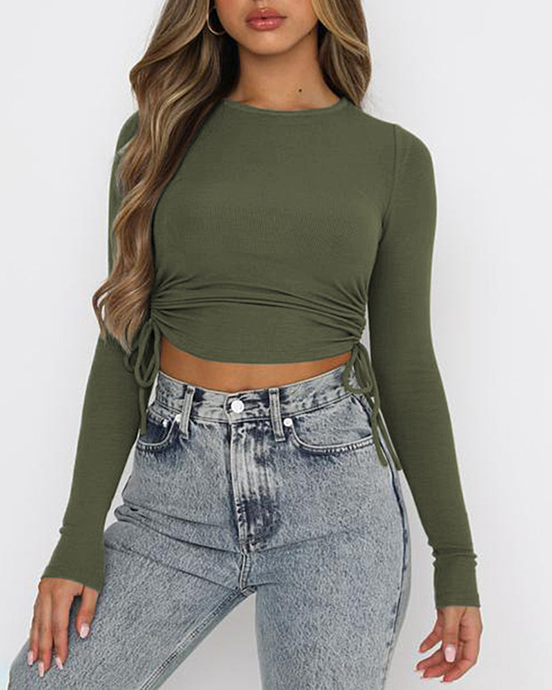 Cute Crop Tops Long Sleeve Drawstring Ruched T-shirts