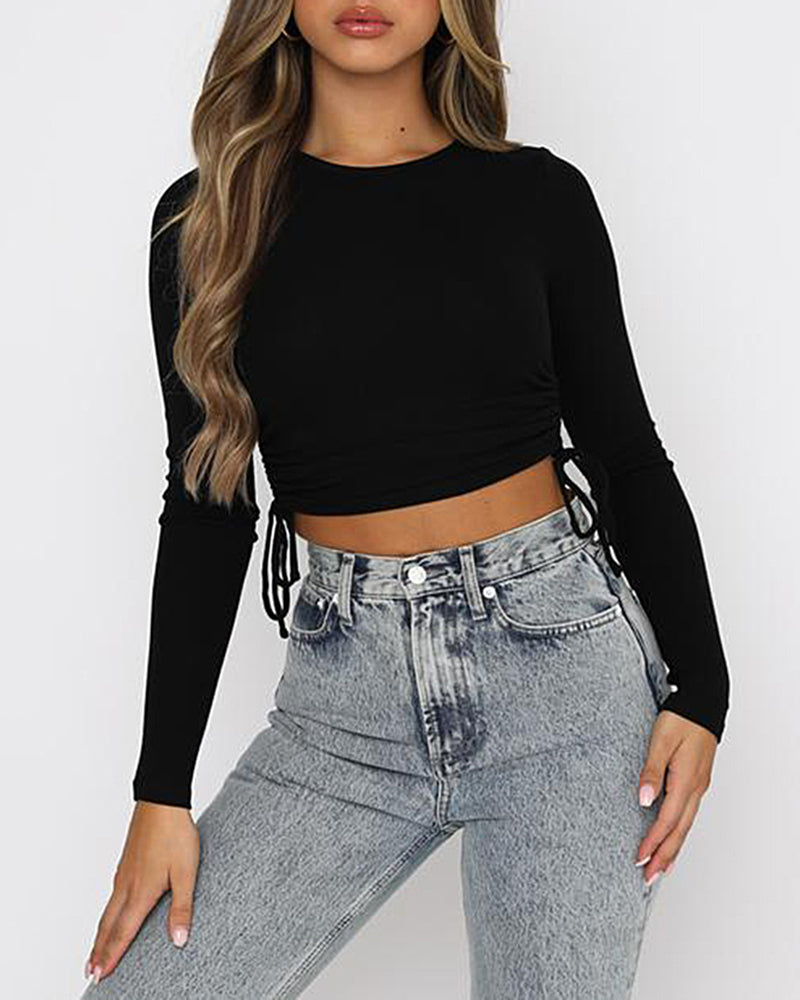 Cute Crop Tops Long Sleeve Drawstring Ruched T-shirts