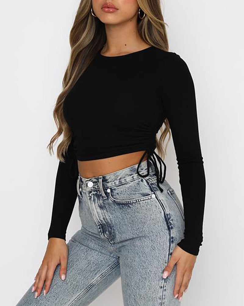 Cute Crop Tops Long Sleeve Drawstring Ruched T-shirts