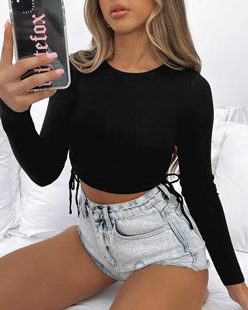 Cute Crop Tops Long Sleeve Drawstring Ruched T-shirts