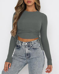 Cute Crop Tops Long Sleeve Drawstring Ruched T-shirts