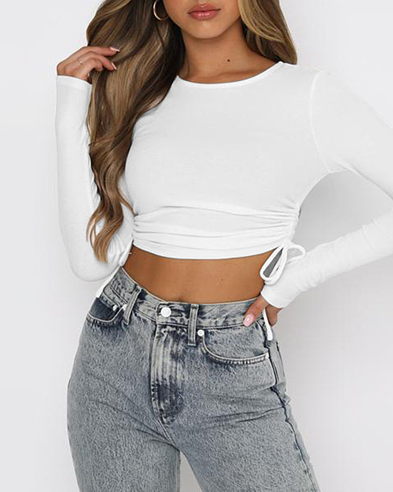 Cute Crop Tops Long Sleeve Drawstring Ruched T-shirts