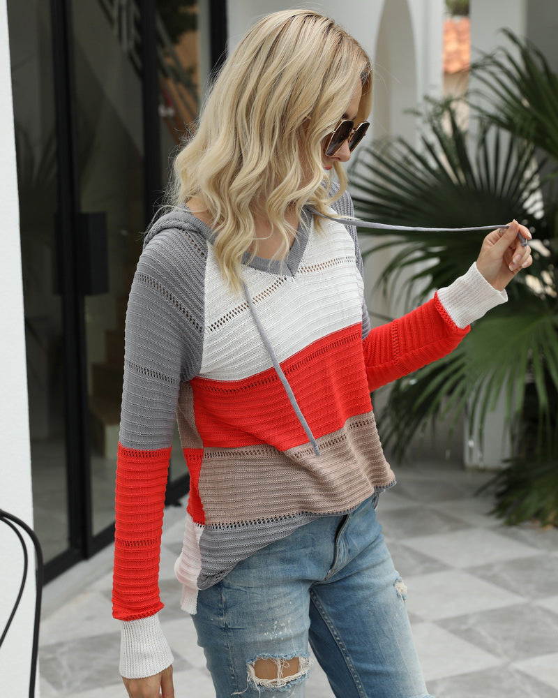 Knitted Hoodies Sweatshirt Loose Color Block Striped Tops