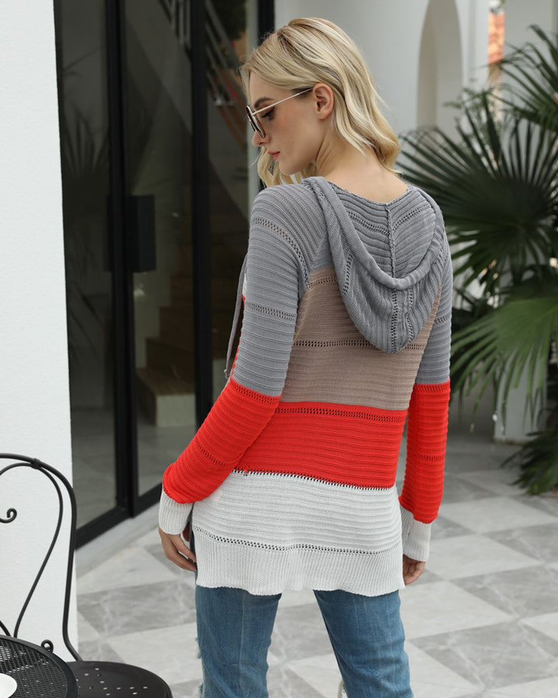 Knitted Hoodies Sweatshirt Loose Color Block Striped Tops