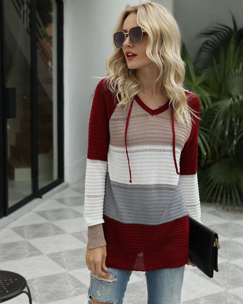 Knitted Hoodies Sweatshirt Loose Color Block Striped Tops