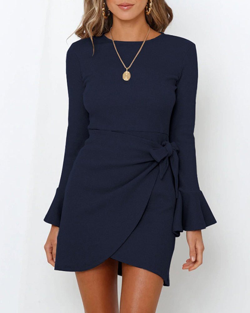 Trumpet Ruffle Long Sleeve Slim Bow Dress