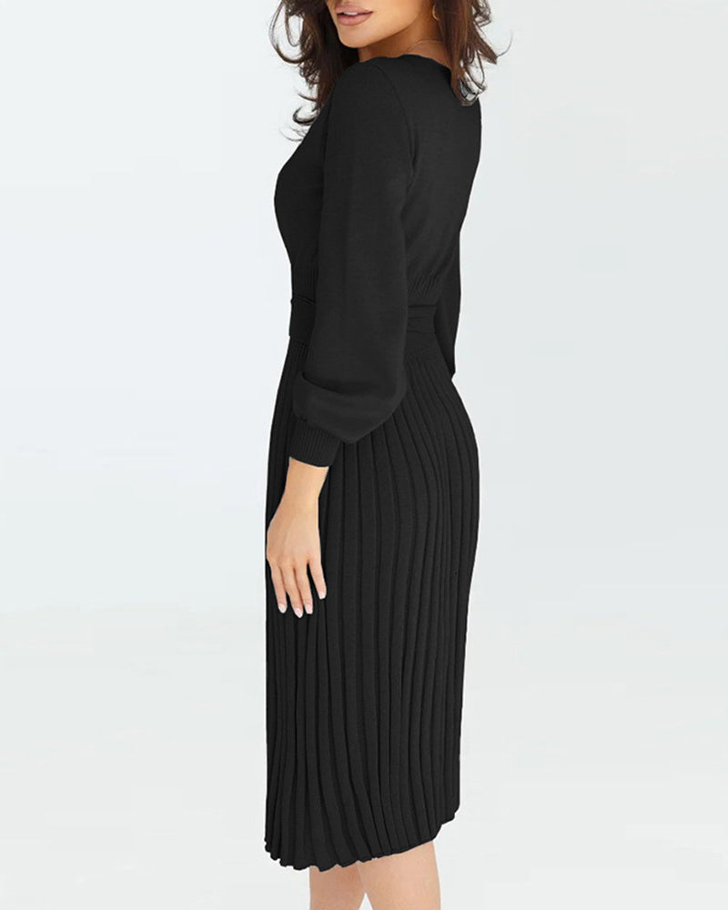 Pleated Mid Length Sweater Dress With Belt