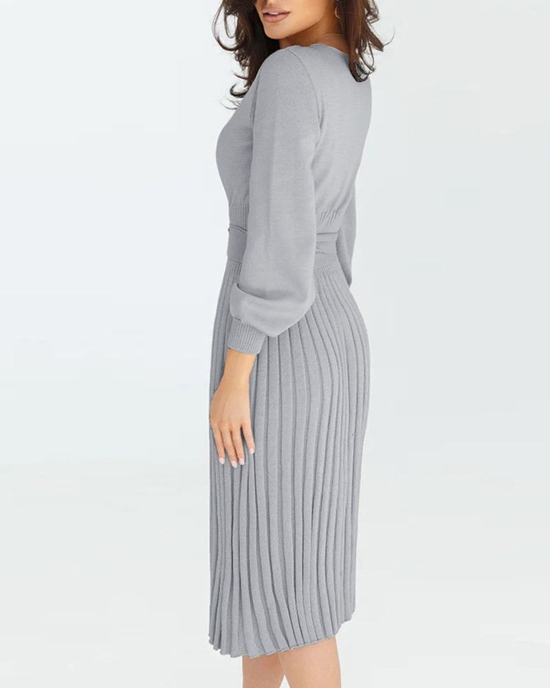 Pleated Mid Length Sweater Dress With Belt