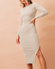 Reversible Threaded Long-Sleeve Sheath Slit Dress