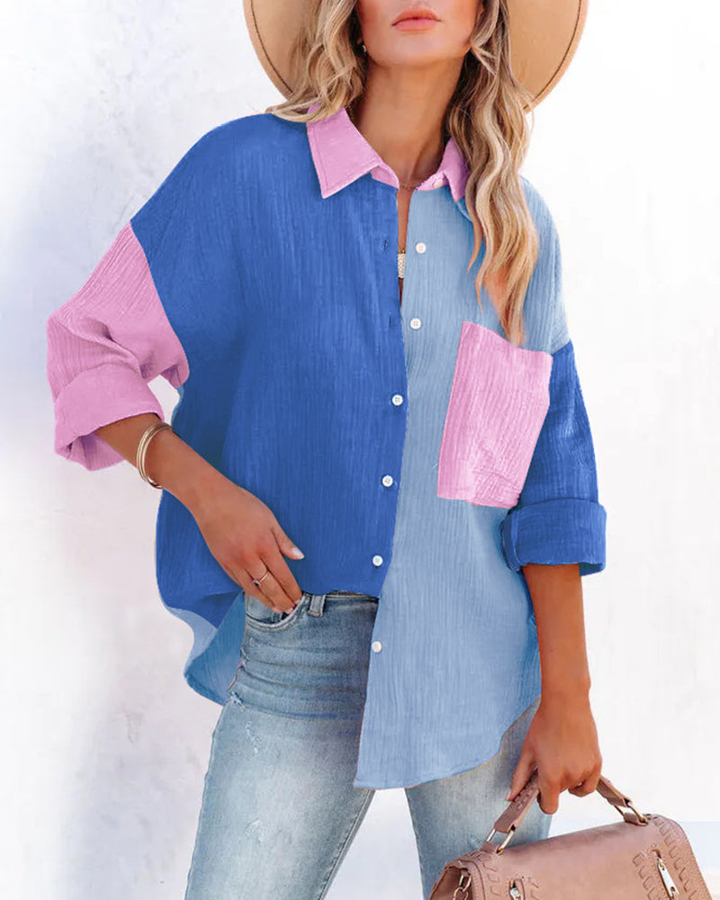 Color Block Button Down Shirts Patchwork Oversized Long Sleeve Blouse Top with Pockets