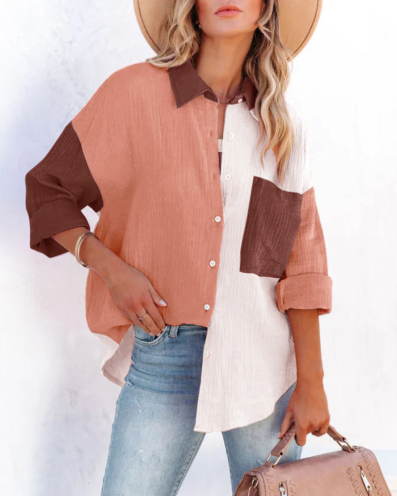 Color Block Button Down Shirts Patchwork Oversized Long Sleeve Blouse Top with Pockets