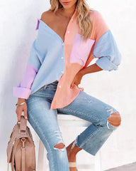 Color Block Button Down Shirts Patchwork Oversized Long Sleeve Blouse Top with Pockets