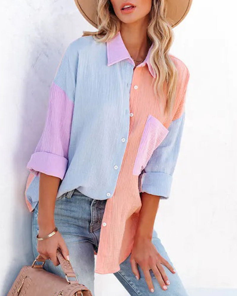 Color Block Button Down Shirts Patchwork Oversized Long Sleeve Blouse Top with Pockets