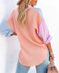 Color Block Button Down Shirts Patchwork Oversized Long Sleeve Blouse Top with Pockets