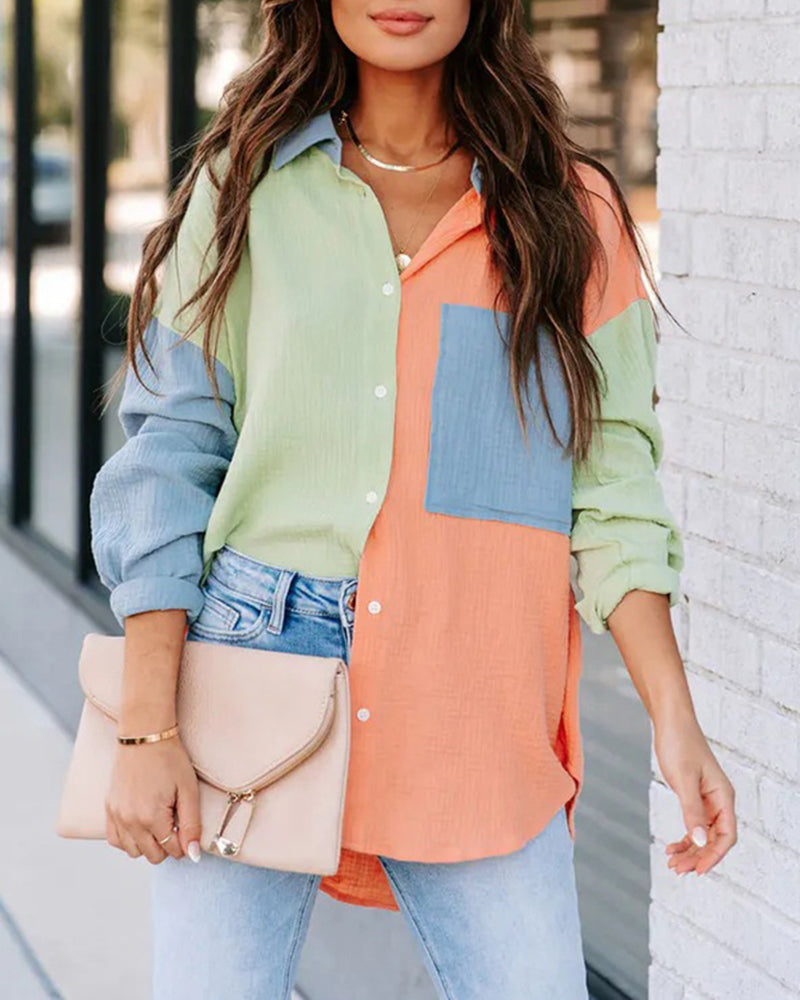 Color Block Button Down Shirts Patchwork Oversized Long Sleeve Blouse Top with Pockets