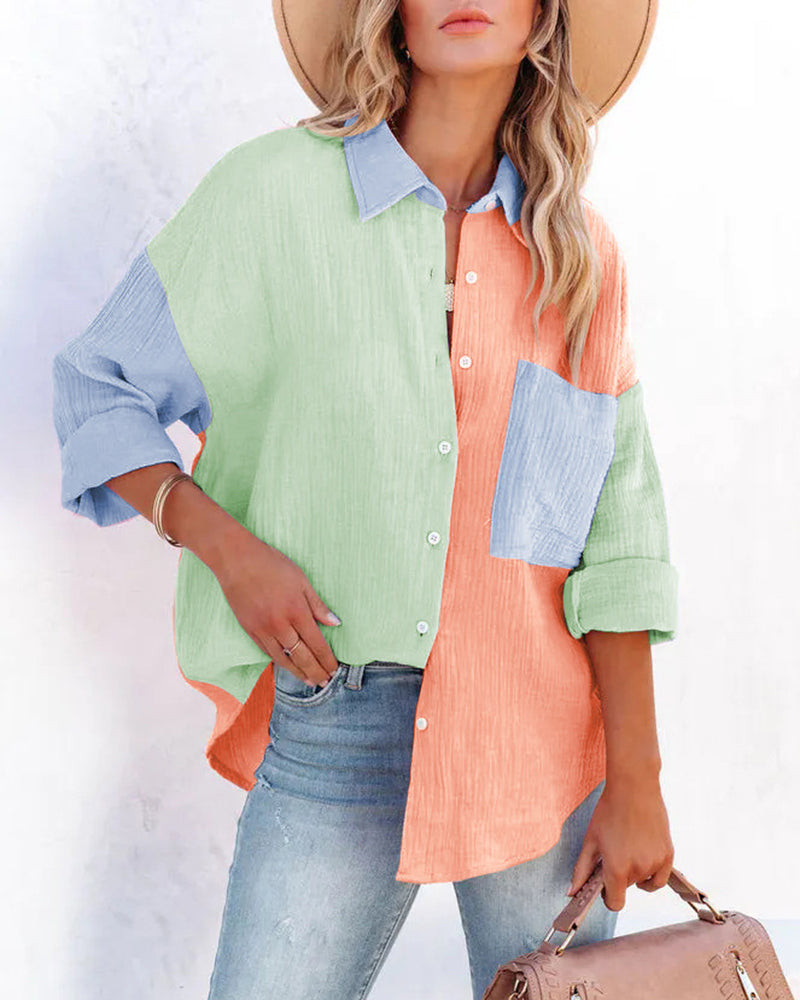 Color Block Button Down Shirts Patchwork Oversized Long Sleeve Blouse Top with Pockets