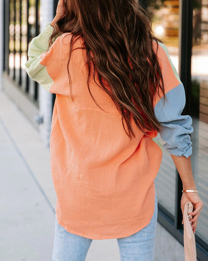 Color Block Button Down Shirts Patchwork Oversized Long Sleeve Blouse Top with Pockets