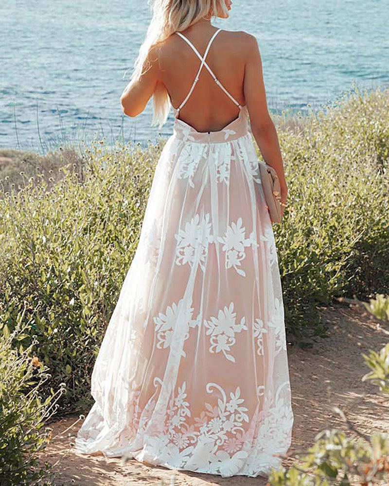 Formal Dresses Plunging V-Neck Backless Embroidered Floral Lace Mesh Maxi Dress