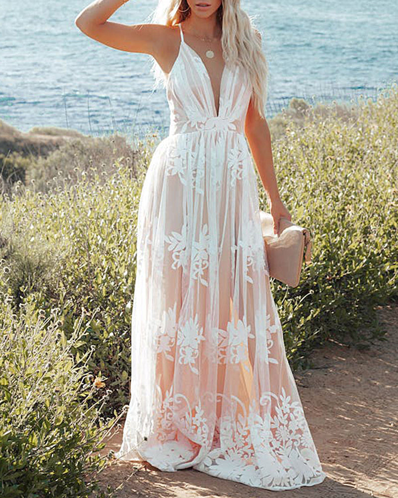 Formal Dresses Plunging V-Neck Backless Embroidered Floral Lace Mesh Maxi Dress