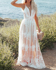 Formal Dresses Plunging V-Neck Backless Embroidered Floral Lace Mesh Maxi Dress