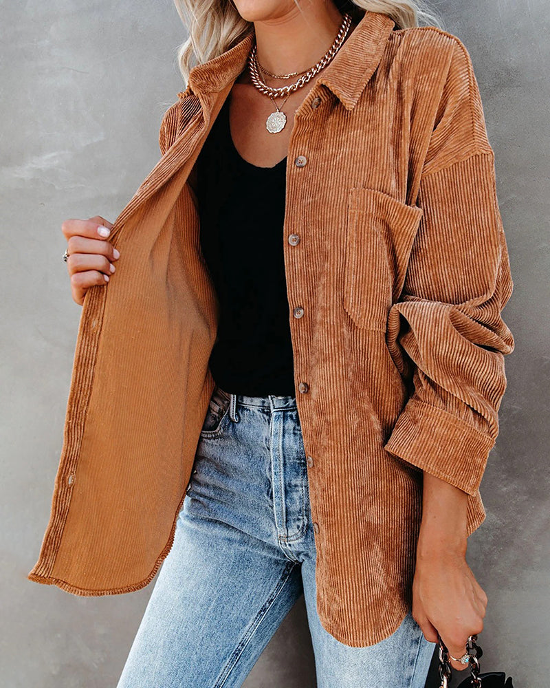 Corduroy Shirts Long Sleeve Oversized Causal Button Down Blouses Tops with Pockets