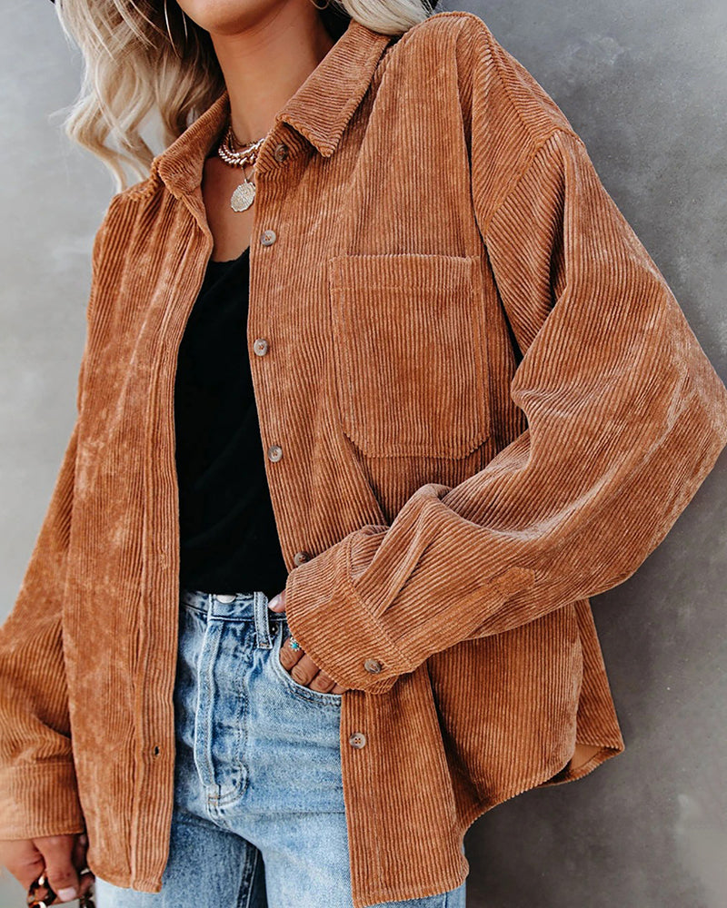 Corduroy Shirts Long Sleeve Oversized Causal Button Down Blouses Tops with Pockets