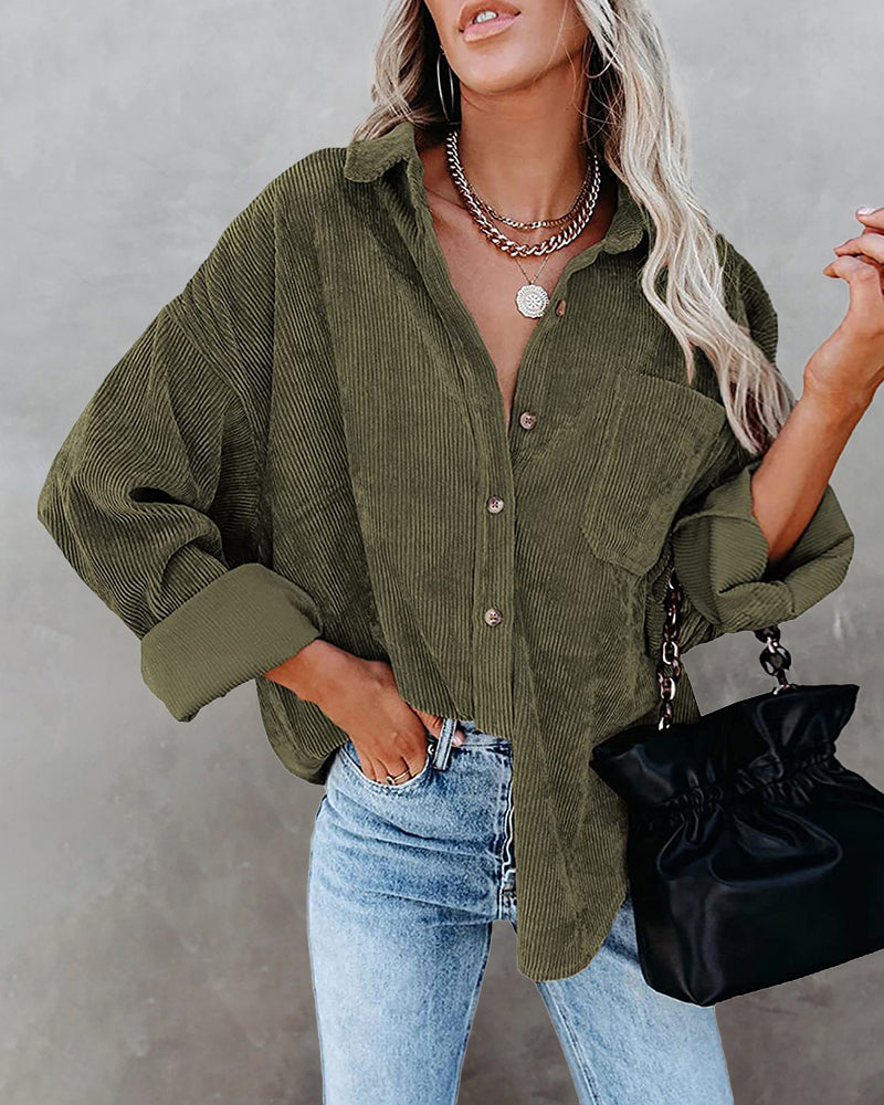 Corduroy Shirts Long Sleeve Oversized Causal Button Down Blouses Tops with Pockets